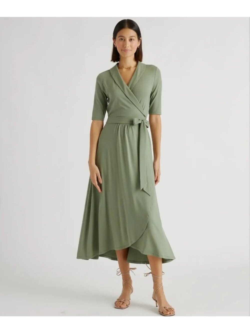 Quince Dress Womens Large Green Tencel Jersey Midi Wrap Short Sleeve Tie Front X